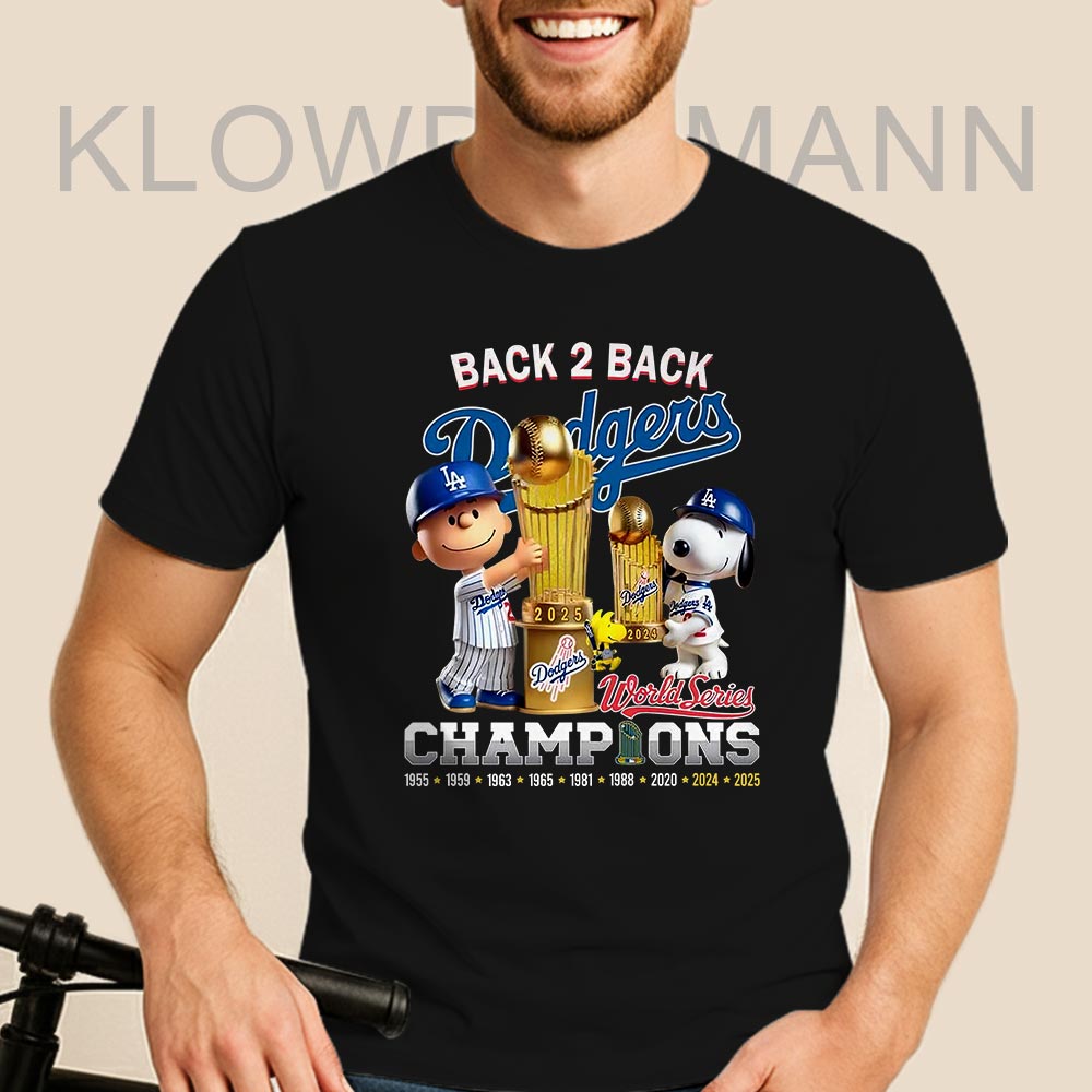 Dodgers Back 2 Back Champions World Series 2024-2025 Shirt, Charlie Brown and Snoopy, Los Angeles Dodgers