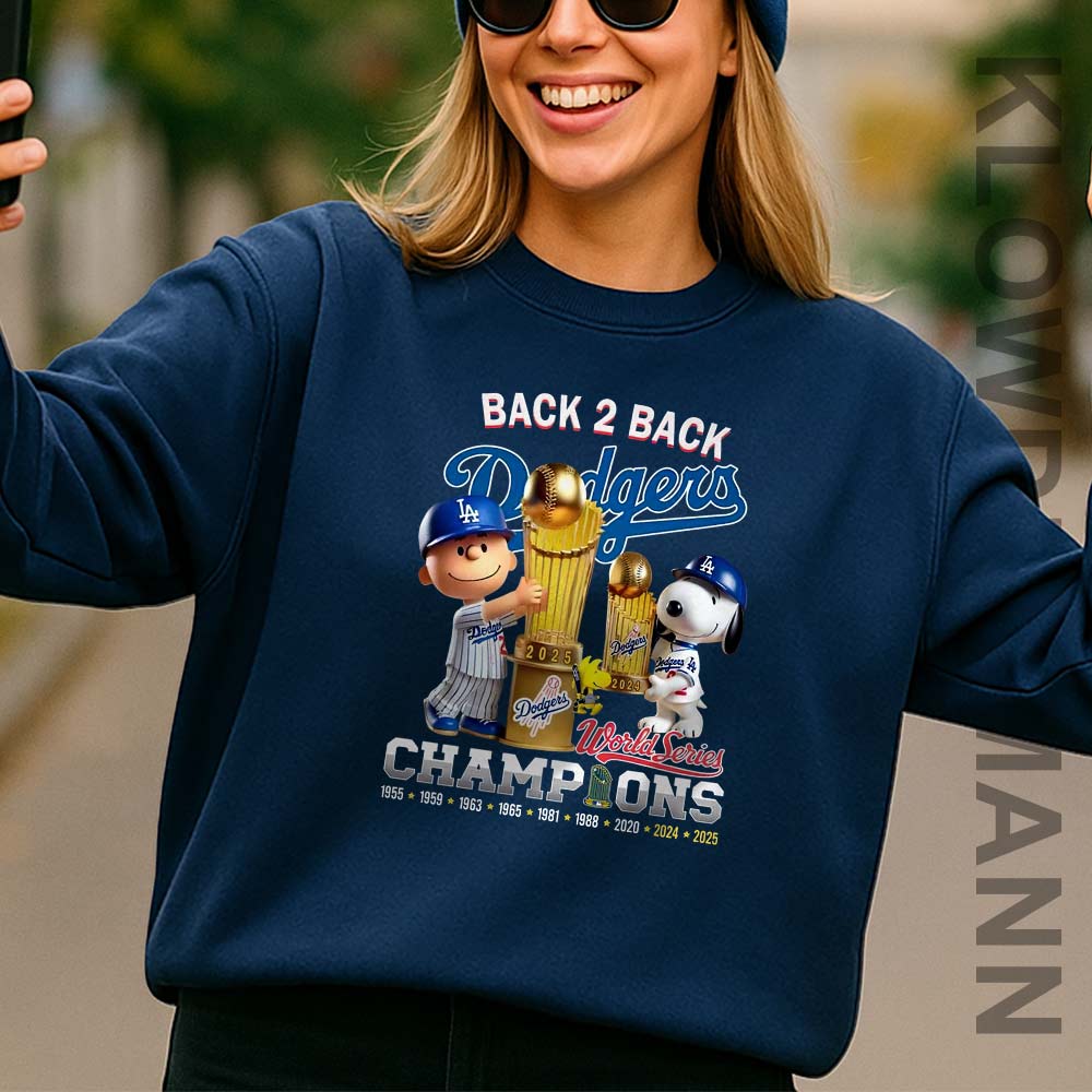 Dodgers Back 2 Back Champions World Series 2024-2025 Sweatshirt, Charlie Brown and Snoopy, Los Angeles Dodgers