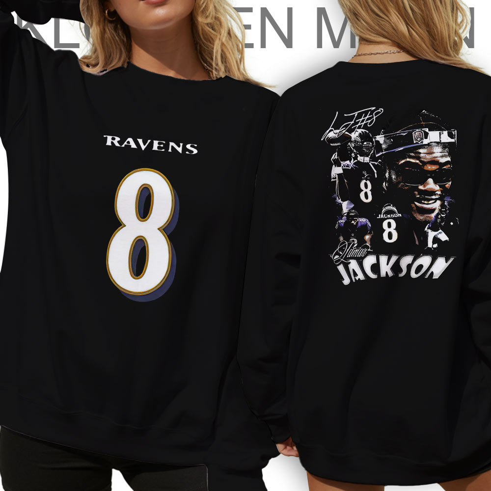 Lamar Jackson 8 Sweatshirt, 2 Sides, Baltimore Ravens